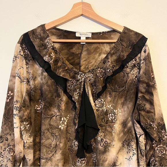 Dressbarn Brown Floral Ruffle V-Neck Blouse Top Plus Size 2X 3/4 Sleeve Y2K - Picture 2 of 8